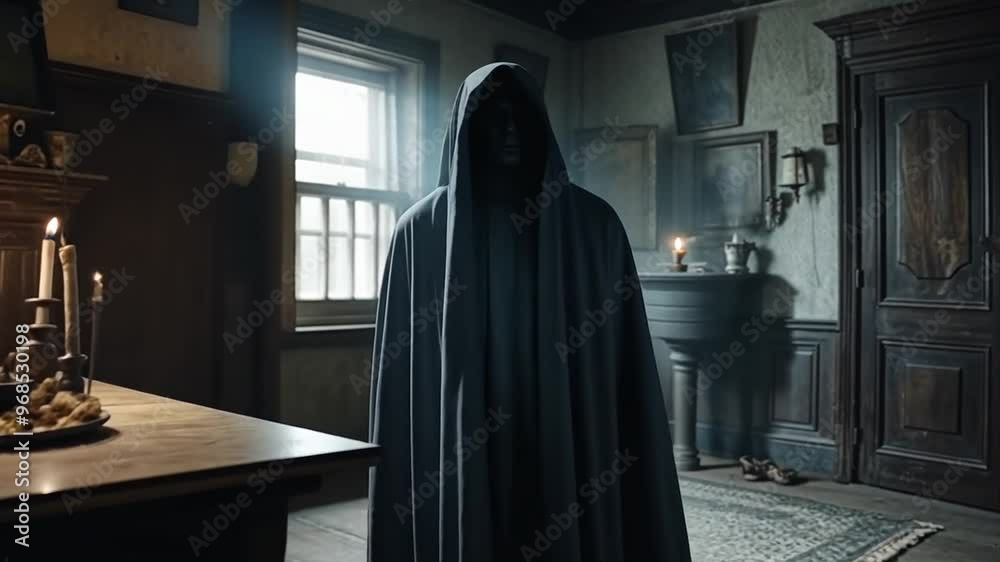 A chilling silhouette of a hooded figure looms in a gloomy, haunted room as mist seeps in A chilling silhouette of a hooded figure looms in a gloomy, haunted room as mist seeps in