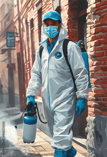 Professional in Protective Gear Spraying Disinfectant Outside Building