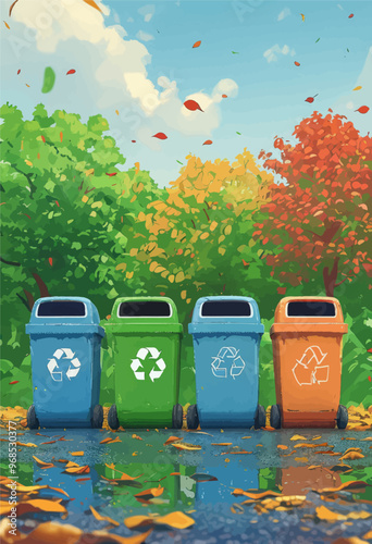 Recycling Bin Collection: Three Trash Cans with Recycling Symbols