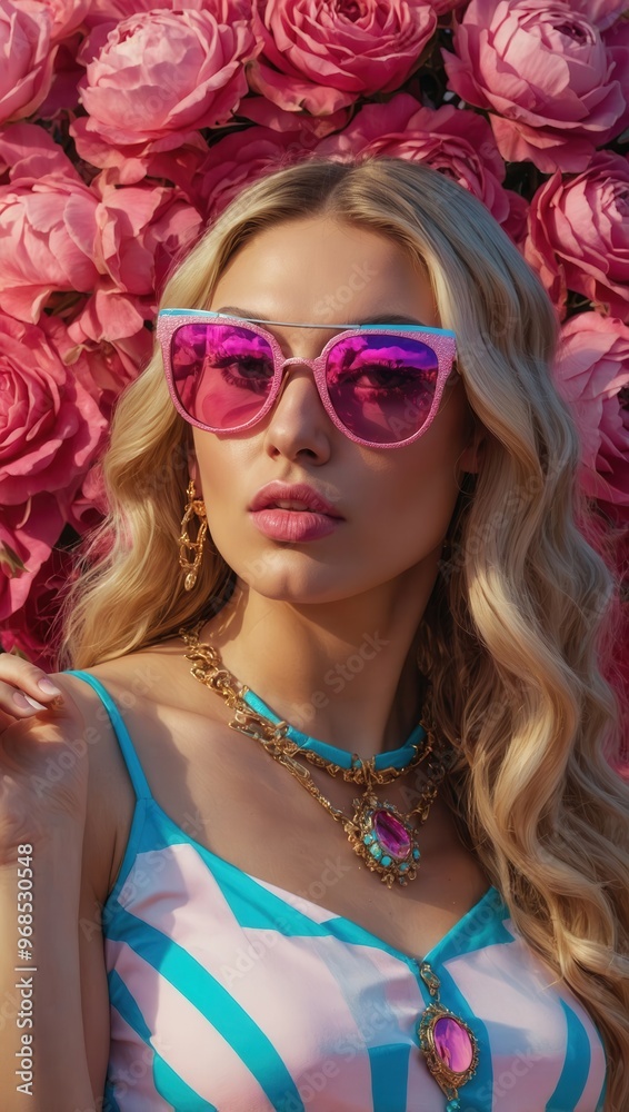 A woman with long pink wavy hair and pink sunglasses is wearing a necklace with blue beads with a confident look on her face next to a pink rose wall A woman with long pink wavy hair and pink sunglasses is wearing a necklace with blue beads with a confident look on her face next to a pink rose wall