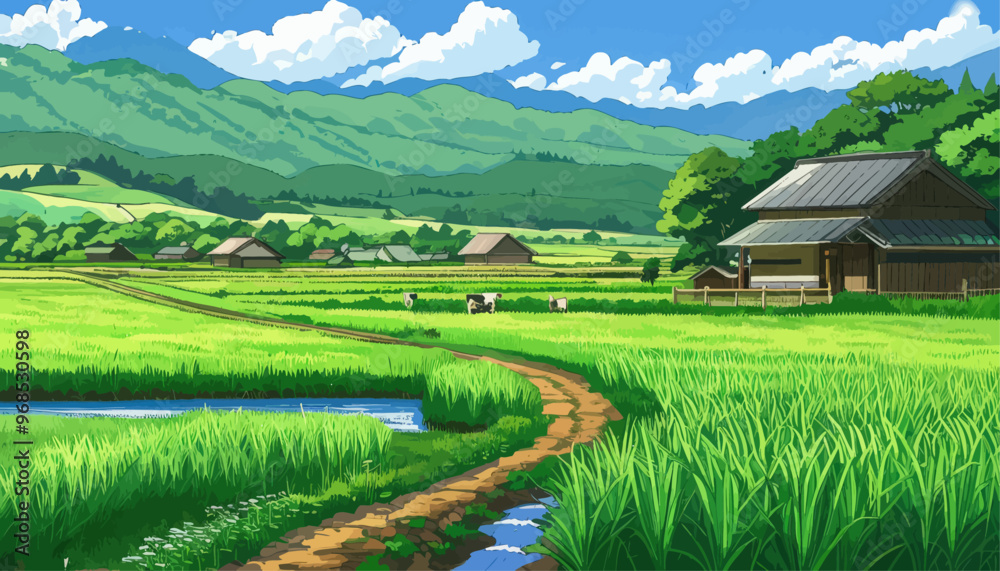 Rural countryside scene with farm animals and a traditional wooden house