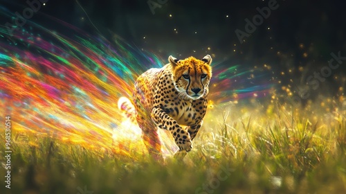 Cheetah running across a colorful grass field with vibrant transparent colored smoke following in this dynamic digital ar photo