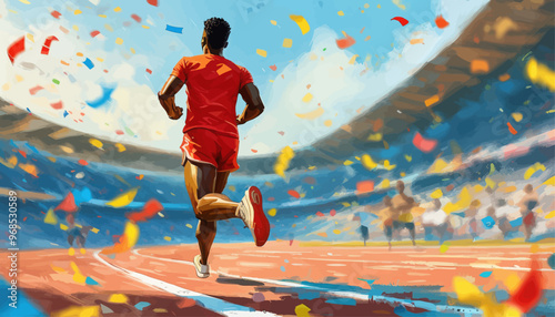 Runner in Red Shirt and Shorts, Racing on Track with Colorful Confetti