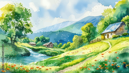 Rural Bliss: A Serene Countryside Scene with a House, Stream, and Garden
