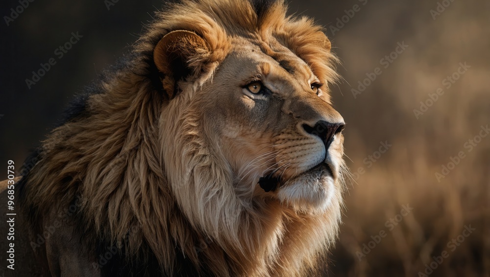 A majestic lion with a beautiful mane is staring at the sky A majestic lion with a beautiful mane is staring at the sky