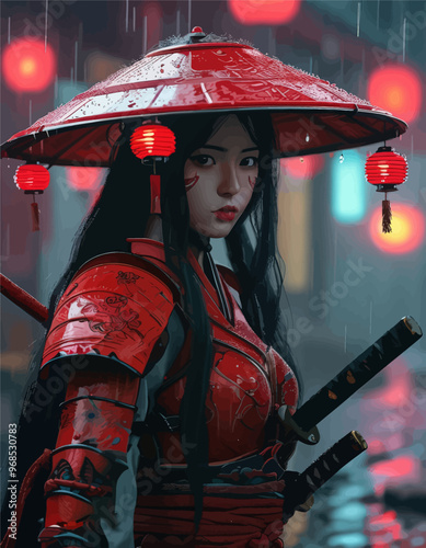 Samurai in Red Armor with Umbrella and Swords