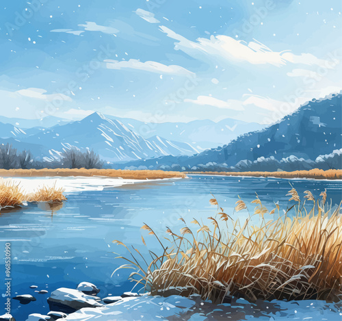 Serene Mountain Lake Scene with Snow-Capped Hills and Wildflowers