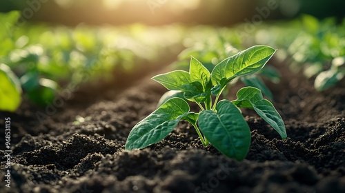 cultivated Green Beans field, earth day concept, plant in the ground, green world