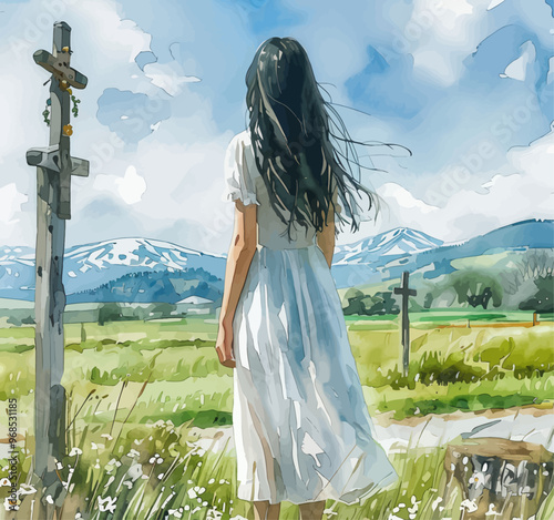 Serene Pastoral Scene with Woman in White Dress and Cross