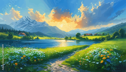 Serene Sunset Overlook: Mountainous Landscape with Path and Wildflowers