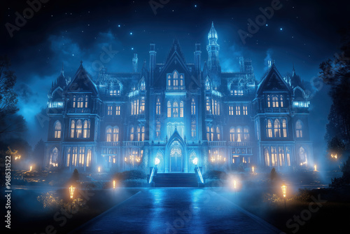 Enchanted Gothic Manor: A hauntingly beautiful Victorian mansion glows under a moonlit sky, its gothic architecture shrouded in ethereal blue fog. 