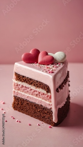 A slice of cake with two hearts on top and sprinkles on the side