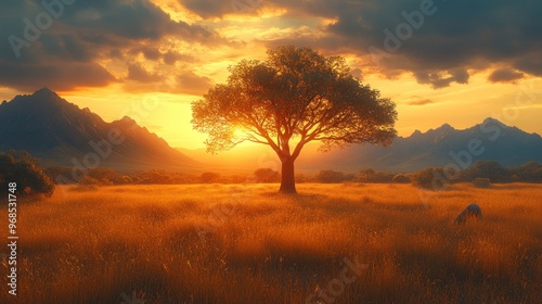 Serene sunset over a solitary tree in a golden meadow.