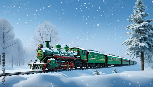 Snowy Winter Scene with Vintage Train