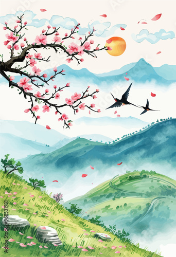 Springtime Blossoms and Birds in a Mountainous Landscape