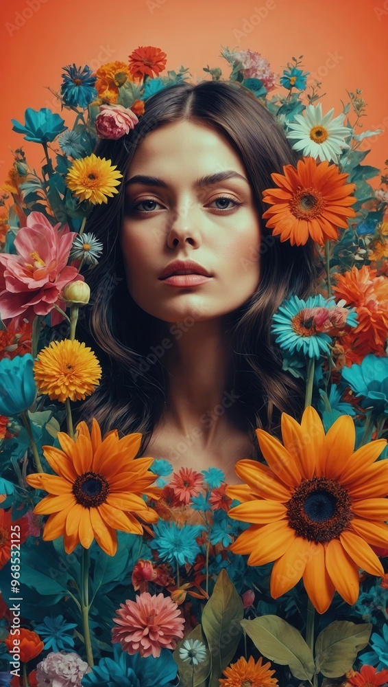 A brunette Caucasian woman surrounded by a bunch of colorful flowers A brunette Caucasian woman surrounded by a bunch of colorful flowers