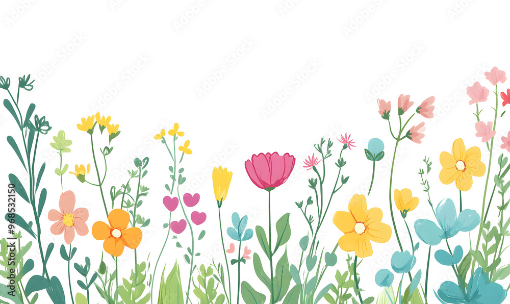 2D illustrator doodle-style floral and leaf graphics on a white background or wallpaper 2D illustrator doodle-style floral and leaf graphics on a white background or wallpaper