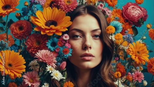 A brunette Caucasian woman surrounded by a bunch of colorful flowers
