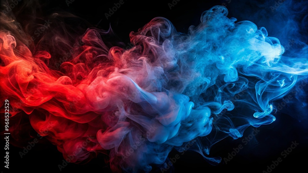 Vibrant red and blue colored smoke against a dark black background Vibrant red and blue colored smoke against a dark black background