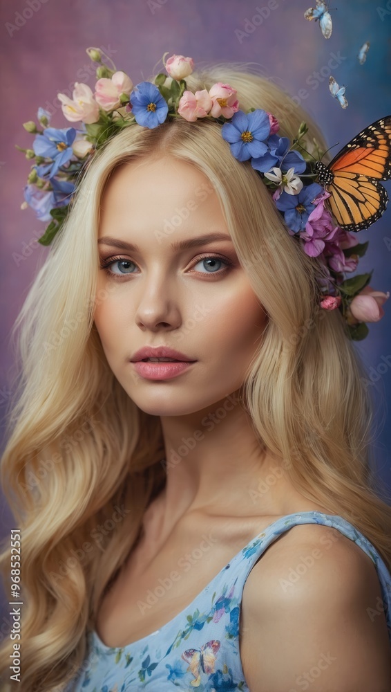 Fototapeta premium A woman that looks like a fairy with a flower crown on her head is standing next to a bunch of butterflies