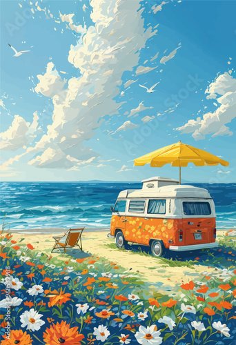 Vibrant beach scene with orange and white van and yellow umbrella