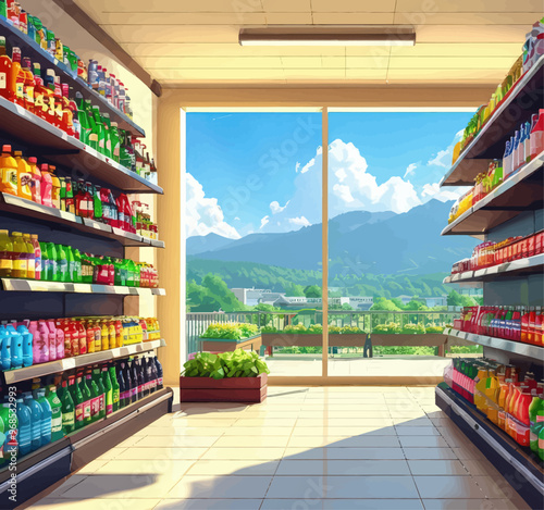 Vibrant Bottled Beverage Display in a Sunlit Supermarket