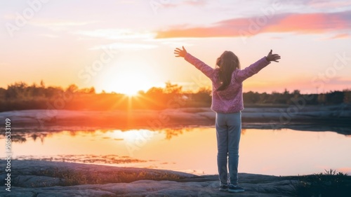 Girl with outstretched arms, welcoming the sunrise with joy and hope for a new day