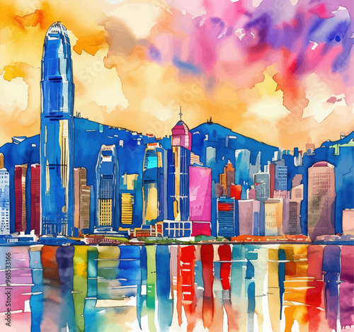 Vibrant Cityscape with Reflections on Water