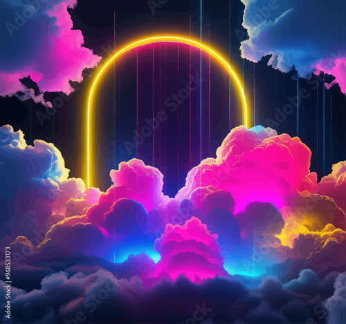 Vibrant Cloudscape with Rainbow Hue and Yellow Arc