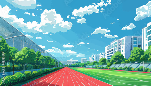 Vibrant Cityscape with Running Track and Trees