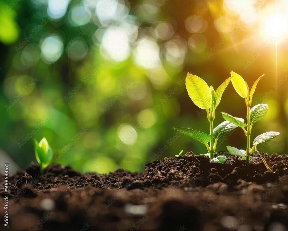Close-up of young green plants emerging from rich soil, illuminated by sunlight. Symbolizes growth, sustainability, and nature. Close-up of young green plants emerging from rich soil, illuminated by sunlight. Symbolizes growth, sustainability, and nature.