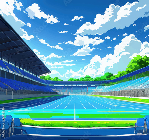 Vibrant Stadium with Blue Seating and Track