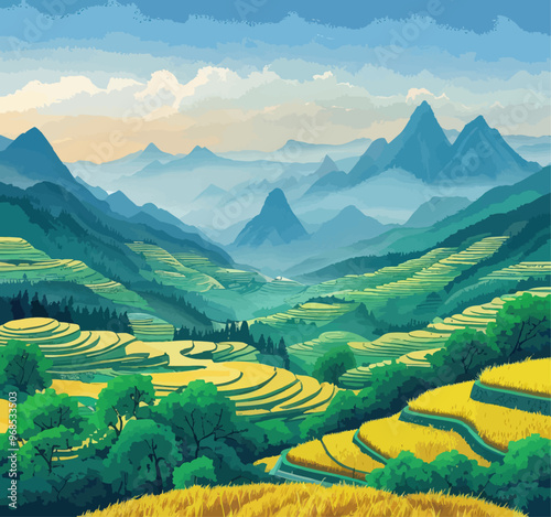 Vibrant Landscape with Terraced Fields and Majestic Mountains