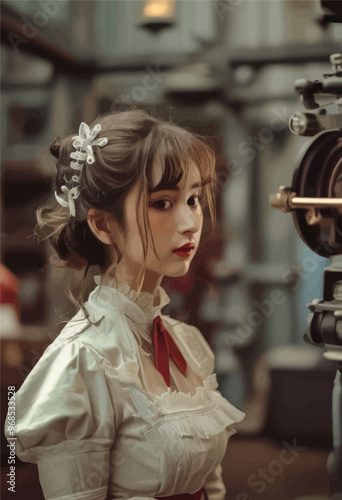 Vintage-inspired female character in a film studio setting