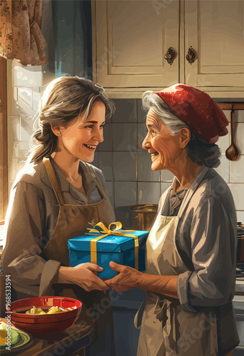 Warm exchange: Elderly woman presents gift to younger woman in kitchen
