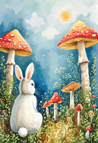 Whimsical Easter Bunny Sitting Amongst Mushrooms