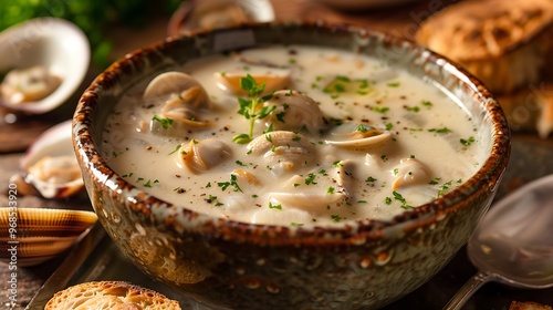 Creamy New England clam chowder, no shadows The chowder takes center stage, with no text, logo, signature, human body, people, or plants,  photo