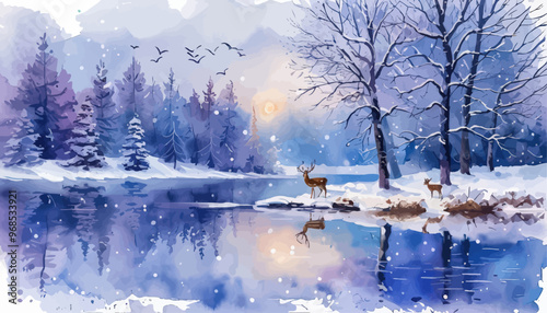 Winter Scene with Deer and Snowy Trees