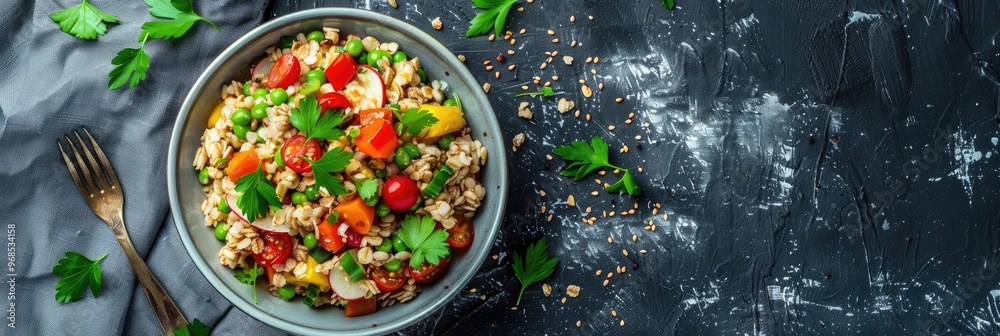 Whole grain spelt cereal salad with vegetables on a tabletop, viewed from above. Whole grain spelt cereal salad with vegetables on a tabletop, viewed from above.