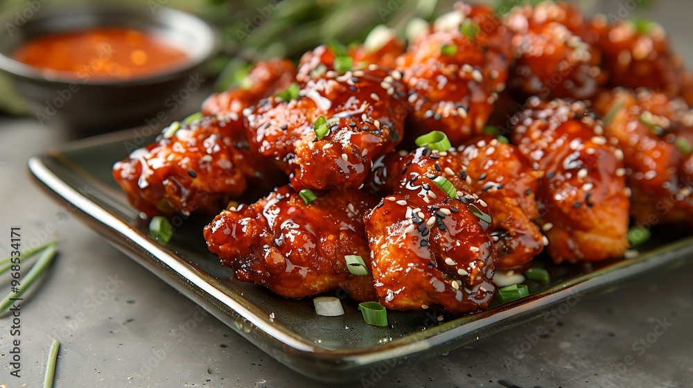 Fototapeta premium Crispy Korean fried chicken with gochujang glaze, no shadows The chicken is the highlight, with no text, logo, signature, human body, people, or plants, 