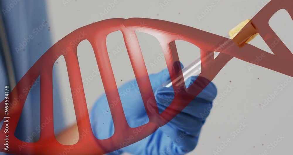 Animation of dna strand and biracial doctor with vial on white background Animation of dna strand and biracial doctor with vial on white background
