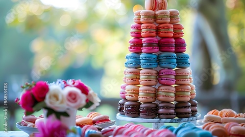 A colorful French macaron tower arranged like a wedding cake, no shadows The macaron tower is the focal point, with no text, logo, signature, human body, people, or plants,  photo