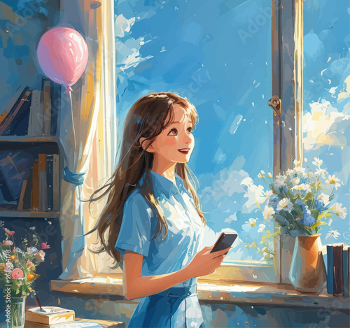 Young Woman Standing by Window with Phone, Holding Balloon
