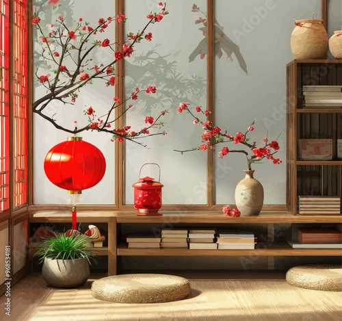 Zen-inspired room with bonsai, books, and red lanterns