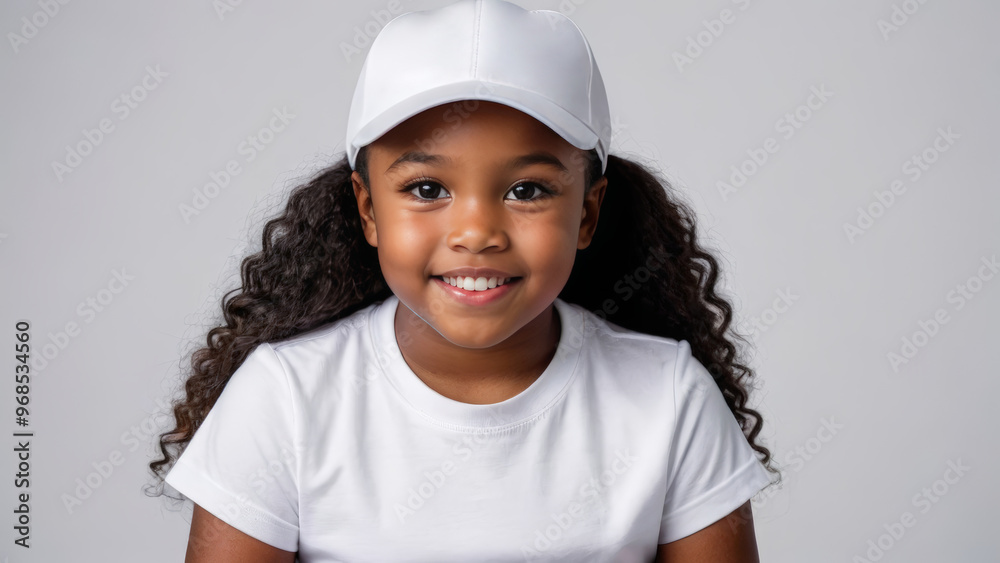 Little black girl wearing white t-shirt and white baseball cap isolated on grey background Little black girl wearing white t-shirt and white baseball cap isolated on grey background