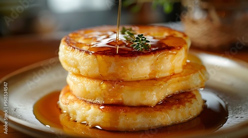 Fluffy Japanese souffle pancakes drizzled with syrup, no shadows The pancakes take the spotlight, with no text, logo, signature, human body, people, or plants, 
