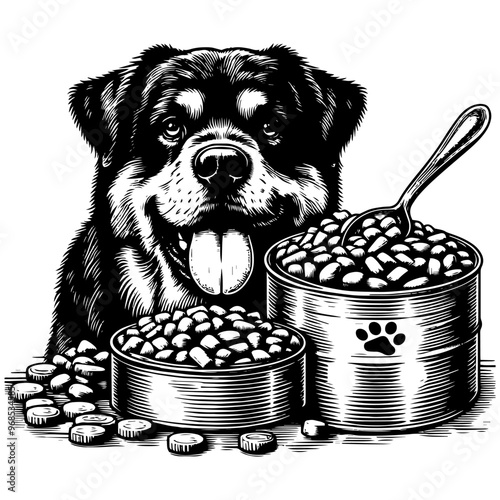 Dog with food bowls depicted in a monochrome illustration. Vector, generative ai.