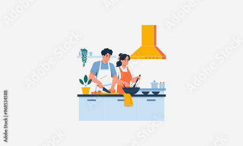 A couple cooking together in the kitchen, preparing a meal. photo