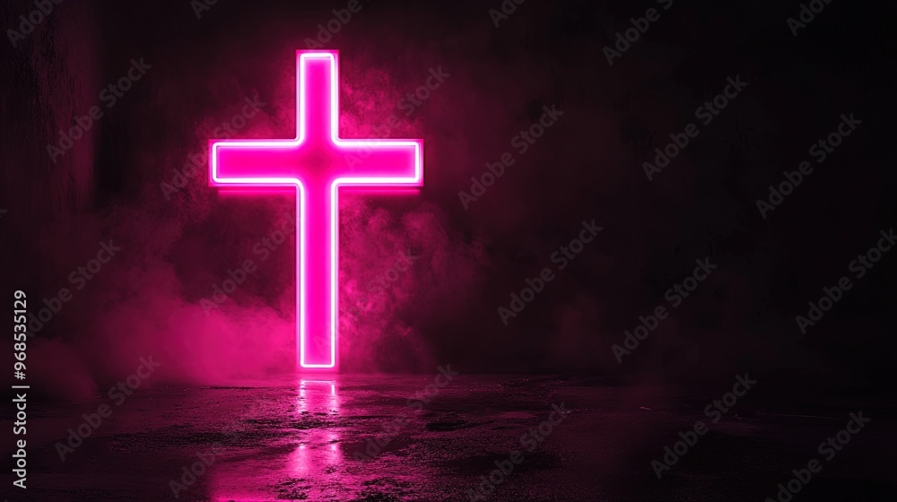 Neon Pink Cross Poster: Illuminate Your Space with Striking Contrast - Perfect for Sporty Interiors and Creative Ambiance Against Dark Smoky Background!