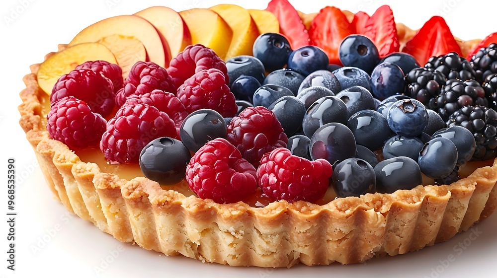 A colorful fruit tart topped with glazed berries, no shadows The tart is the focal point, with no text, logo, signature, human body, people, or plants, A colorful fruit tart topped with glazed berries, no shadows The tart is the focal point, with no text, logo, signature, human body, people, or plants,